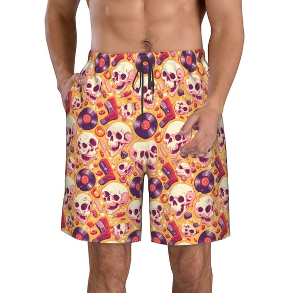 KLL Skull rock record Men's Casual Summer Beach Shorts Hawaiian Shorts with Pockets-Small