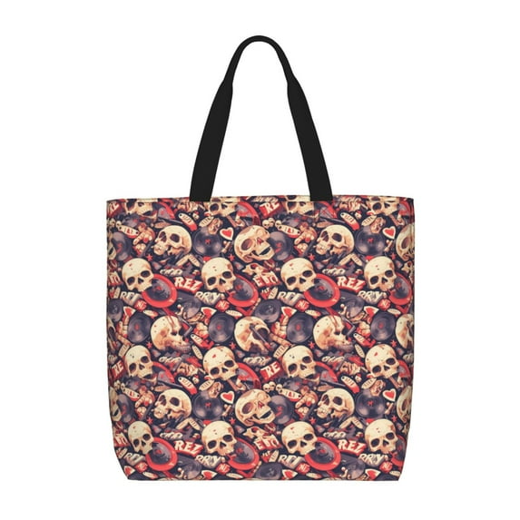 KLL Skull rock record artist Pattern Aesthetic Tote Bag for Women Beach Bag Shopping Bags Shoulder Bag Reusable Grocery Bags