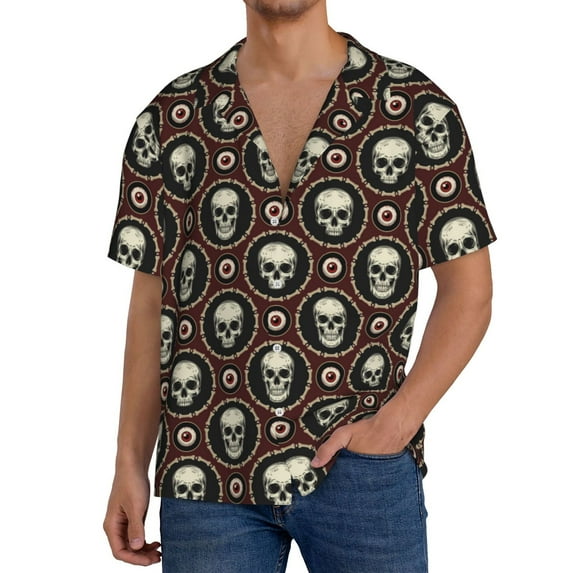 KLL Skulls And Red Eyeballs Print Men's Shirt Short Sleeve Button Down Summer Cuba Beach Shirts- Large