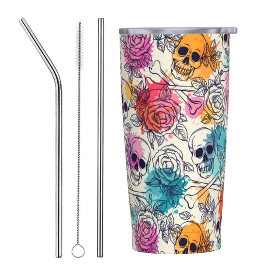 KLL Skulls and Roses Stainless Steel Vacuum Insulated Coffee Cup 20 oz Lids and Straws,Insulated Travel Mug Water Cup with Leak-Proof Straw Lid & Flip Lid