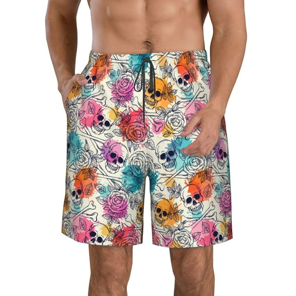 KLL Skulls and Roses Men's Casual Summer Beach Shorts Hawaiian Shorts with Pockets-3X-Large