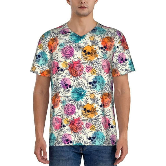 KLL Skulls and Roses for Men's Baseball Shirts,Short Sleeve Casual Shirts Button Down Shirt for Men Beach Summer Wedding Shirt-Medium
