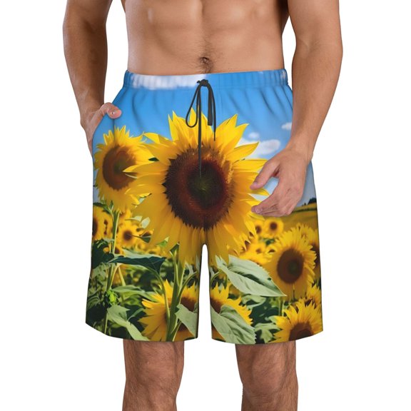 KLL Sky Golden Sunflower Field B Men's Casual Summer Beach Shorts Hawaiian Shorts with Pockets-3X-Large