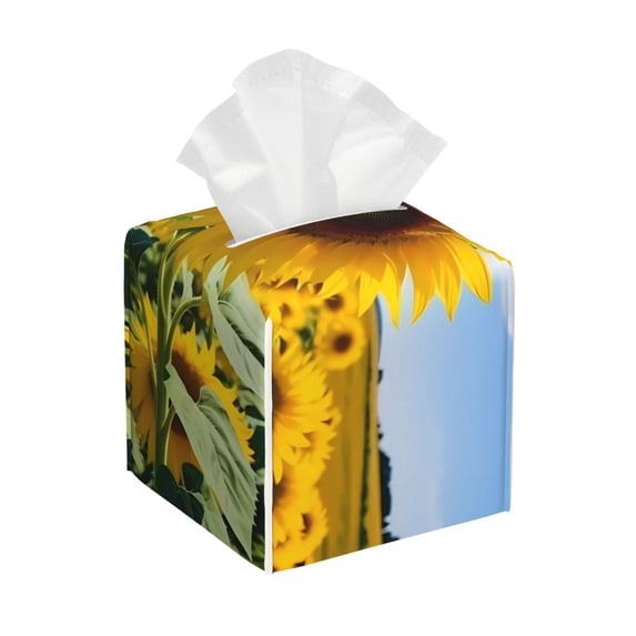 KLL Sky Golden Sunflower Field B Print Tissue Box Cover,Leather Tissue Holder Square Facial Tissue Case Facial Paper Organizer Dispenser for Bathroom, Vanity Countertop