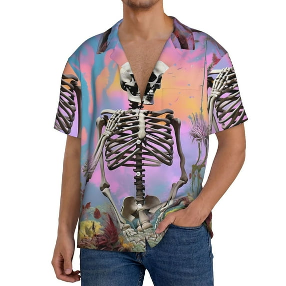 KLL Sky Sunflower Skull Print Men's Shirt Short Sleeve Button Down Summer Cuba Beach Shirts- Small