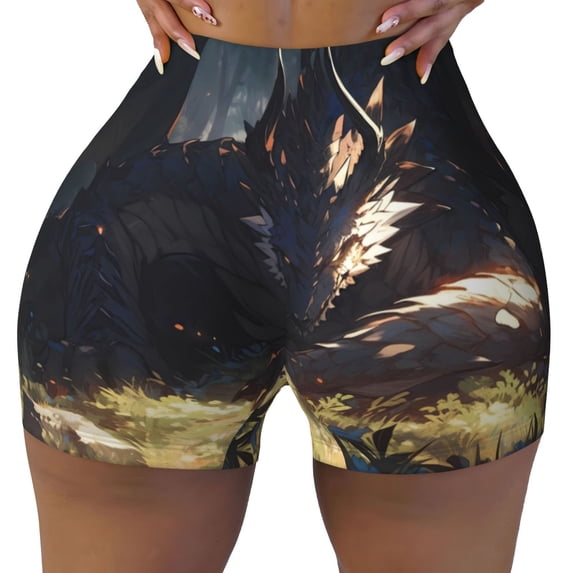 KLL Sleeping Dragon In Forest Pattern Workout Shorts for Women Scrunch Short Gym Yoga Running Sport Active Exercise Fitness Shorts