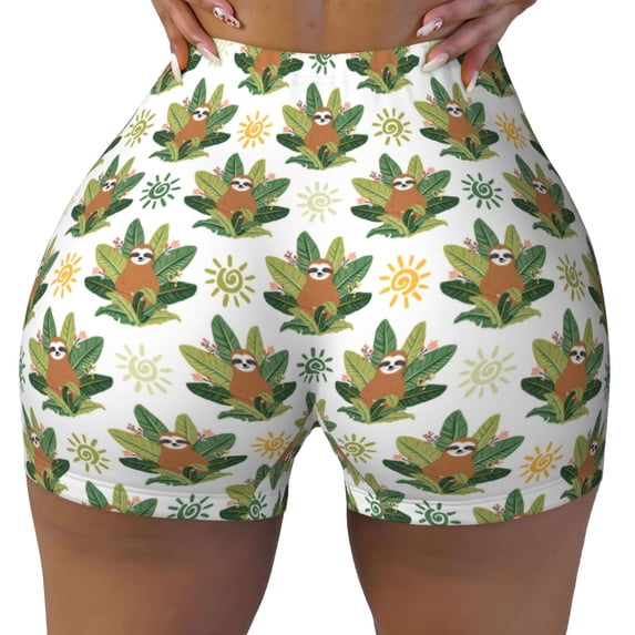 KLL Sloth Sitting Tropical Leaves Pattern Workout Shorts for Women Scrunch Short Gym Yoga Running Sport Active Exercise Fitness Shorts