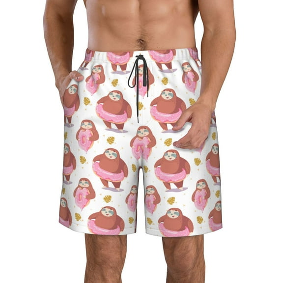 KLL Sloth with Donuts1 Men's Casual Summer Beach Shorts Hawaiian Shorts with Pockets-XX-Large