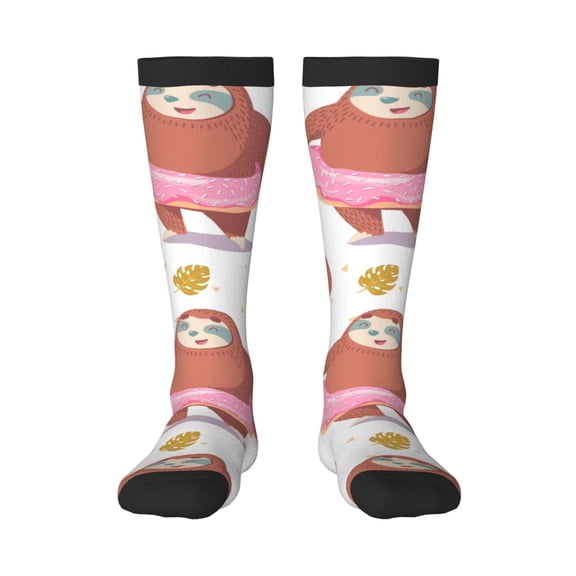 KLL Sloth with Donuts1 Print Cool Socks Men's Women's Crew Socks Funny Crazy Novelty Stockings