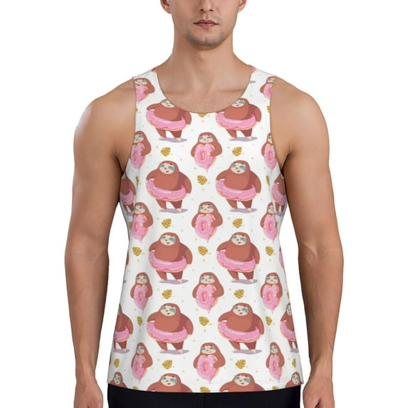 KLL Sloth with Donuts1 Print Men's Muscle Gym Workout Stringer Tank Tops Bodybuilding Fitness T-Shirts Tank Tops Men-3X-Large