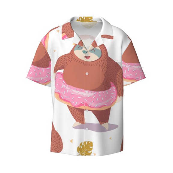 KLL Sloth with Donuts1 Print Men's Shirt Short Sleeve Button Down Summer Cuba Beach Shirts- Medium