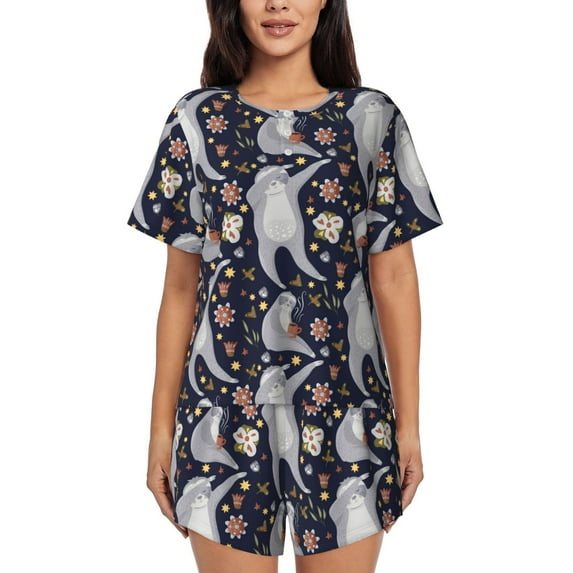 KLL Sloths Dancing Print Pajama Set for Women Short Sleeve Sleepwear Pjs Soft 2 Piece Lounge Sleepwear Sets-XX-Large