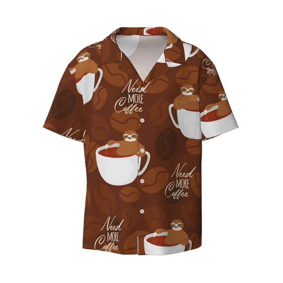 KLL Sloths Need More Coffee Print Men's Shirt Short Sleeve Button Down Summer Cuba Beach Shirts- XX-Large
