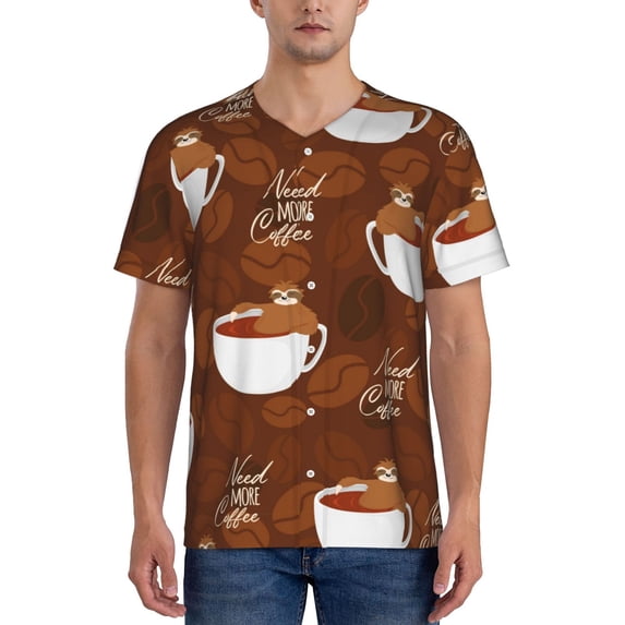 KLL Sloths Need More Coffee for Men's Baseball Shirts,Short Sleeve Casual Shirts Button Down Shirt for Men Beach Summer Wedding Shirt-Small