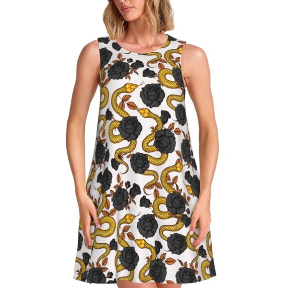 KLL Snake And Rose Pattern Womens Summer Dresses 2025,Loose Round Neck Sleeveless Sundresses Tank Dresses with Pockets