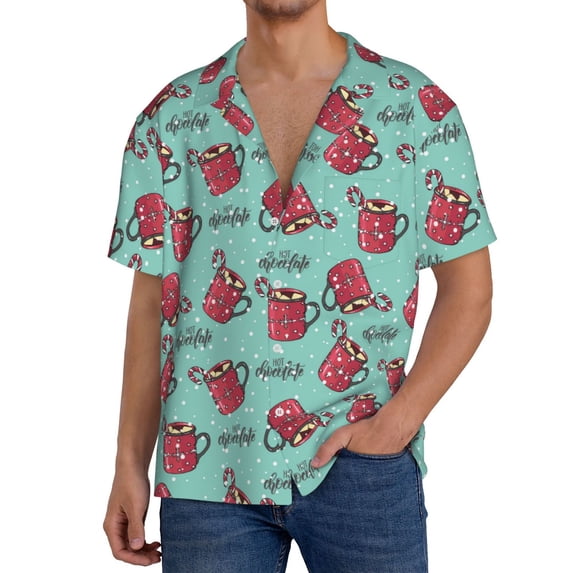 KLL Snowflake Hot Cocoa Print Men's Shirt Short Sleeve Button Down Summer Cuba Beach Shirts- 4X-Large