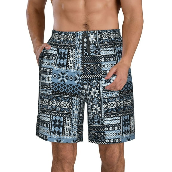 KLL Snowflake Vintage Pattern Men's Casual Summer Beach Shorts Hawaiian Shorts with Pockets-Medium
