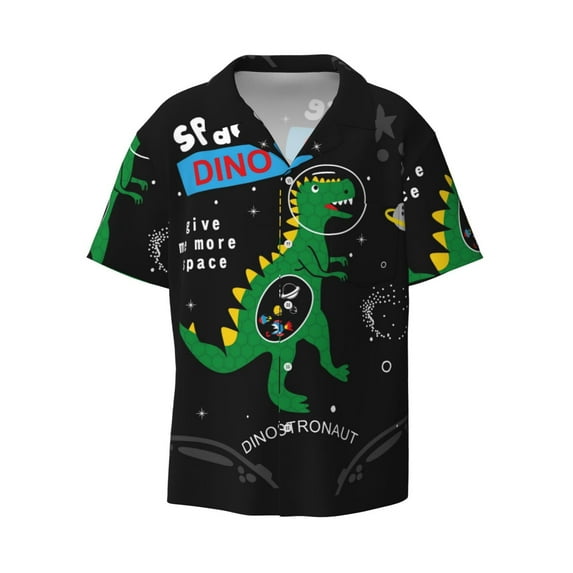 KLL Space Dino Cartoon Black Print Men's Shirt Short Sleeve Button Down Summer Cuba Beach Shirts- 4X-Large