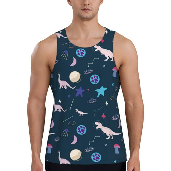 KLL Space Dinosaur Print Men's Muscle Gym Workout Stringer Tank Tops Bodybuilding Fitness T-Shirts Tank Tops Men-X-Large