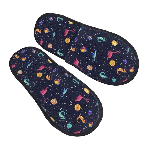 KLL Space Dinosaur Slippers for Women Men House Slip on Indoor Outdoor Bedroom Furry Fleece Lined Ladies Comfy Anti-Skid Rubber Hard Sole-Medium