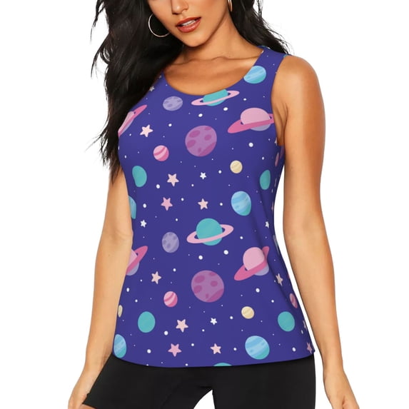 KLL Space Print Womens Tank Top Sleeveless Workout Tops Athletic Running Shirts Yoga Gym Clothes-Large