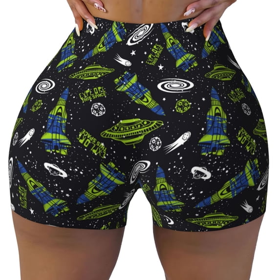 KLL Space Rockets Pattern Workout Shorts for Women Scrunch Short Gym Yoga Running Sport Active Exercise Fitness Shorts