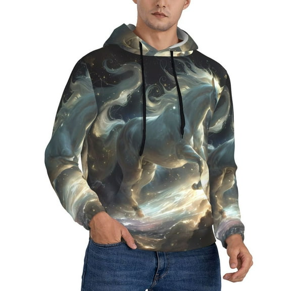 KLL Space White Horse Print Mens Hoodie Long Sleeve Casual Pullover Hooded Sweatshirt Fashion Drawstring Hoodies with Pocket-X-Large