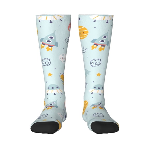 KLL Space With Dino Astronauts Print Cool Socks Men's Women's Crew Socks Funny Crazy Novelty Stockings
