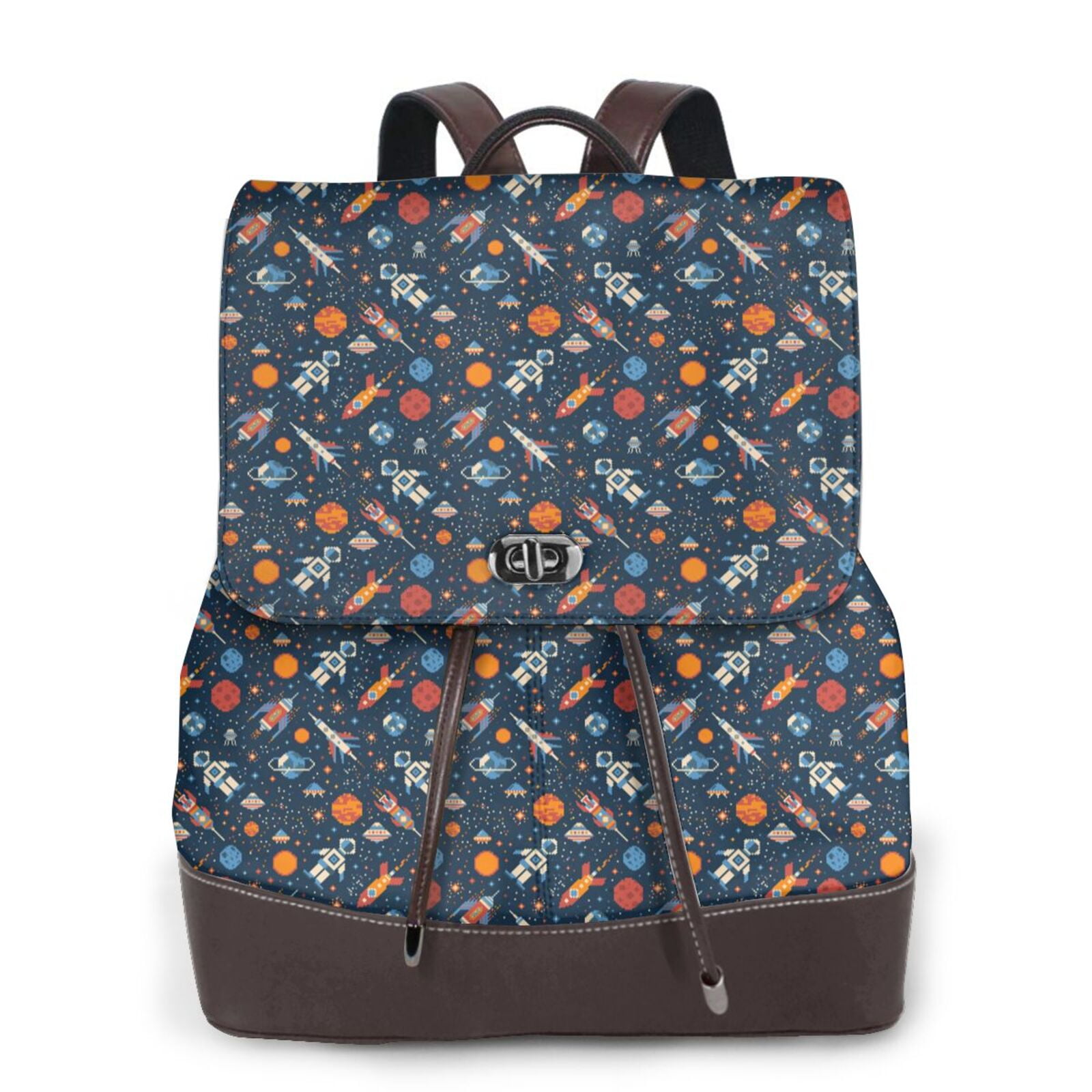 KLL Spaceships And Stars In Outer Space Print Leather Backpack,PU ...