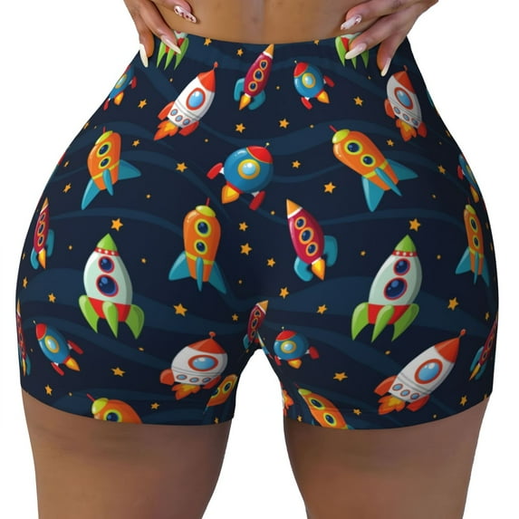 KLL Spaceships and Stars Pattern Workout Shorts for Women Scrunch Short Gym Yoga Running Sport Active Exercise Fitness Shorts