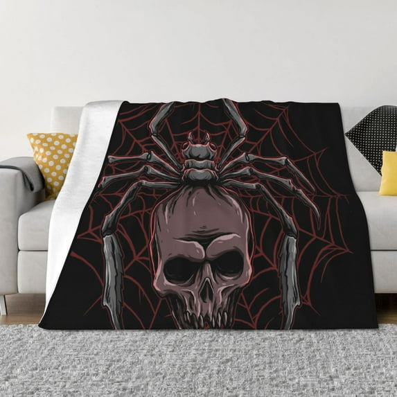 KLL Spider with Skull Print Fleece Throw Blanket, Horizontal Fleece Bedding Cute Soft Blankets Comfy Fleece Flannel Plush Home Decor for Couch & Bed -60"x50"