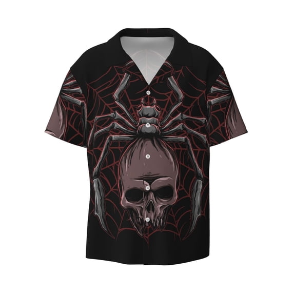 KLL Spider with Skull Print Men's Shirt Short Sleeve Button Down Summer Cuba Beach Shirts- Large