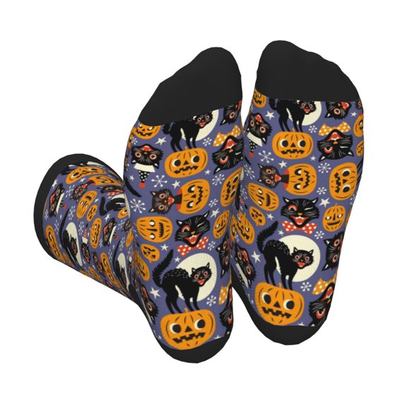 KLL Spooky Cats And Halloween Pumpkins Print Cool Socks Men's Women's Crew Socks Funny Crazy Novelty Stockings