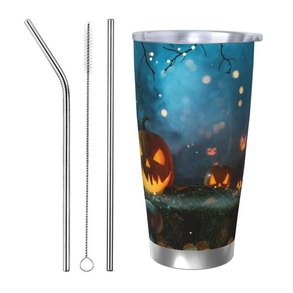 KLL Spooky Halloween Print 40oz Stainless Steel Insulated Car Cup with Spillproof Lid - Keep Your Drink Hot or Cold on the Go-Straw Three-piece Set