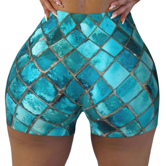 KLL Square Glass Mosaic Pattern Workout Shorts for Women Scrunch Short Gym Yoga Running Sport Active Exercise Fitness Shorts