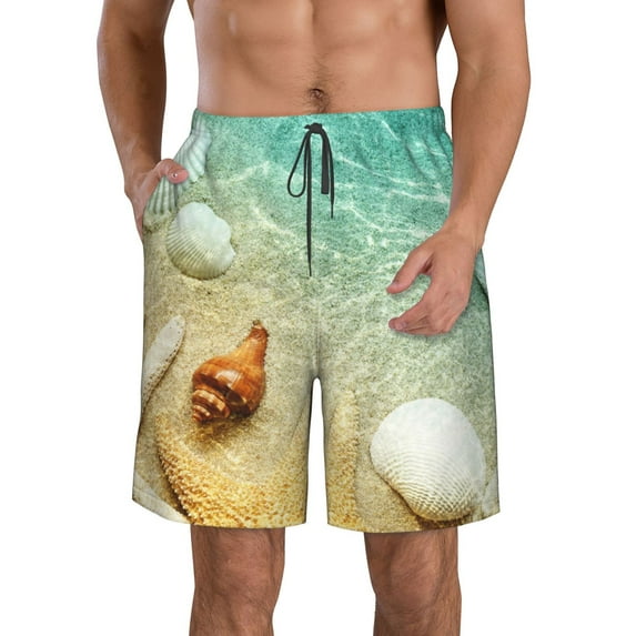 KLL Starfish And Seashell On The Beach Men's Casual Summer Beach Shorts Hawaiian Shorts with Pockets-Large