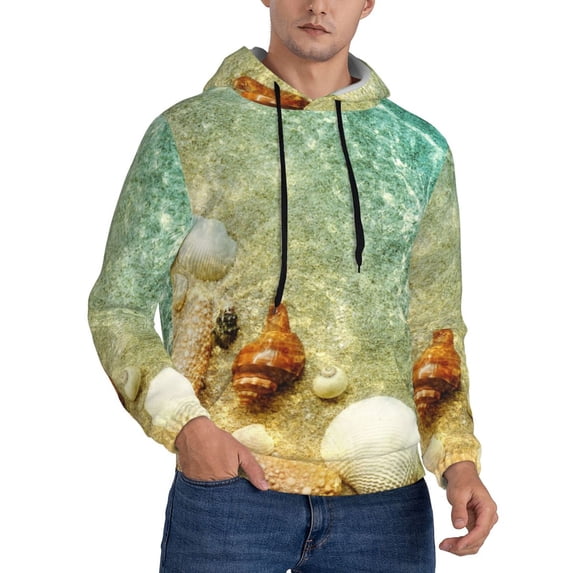 KLL Starfish And Seashell Print Mens Hoodie Long Sleeve Casual Pullover Hooded Sweatshirt Fashion Drawstring Hoodies with Pocket-Medium
