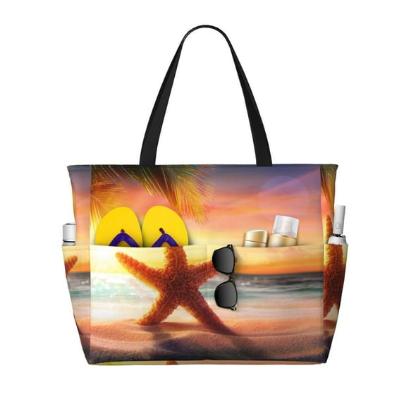 KLL Starfish Sunset Sea Beach Print Large Beach Tote Bag Women Waterproof Sandproof Zipper Beach Tote Bag for Pool Gym Grocery Travel with Wet Pocket