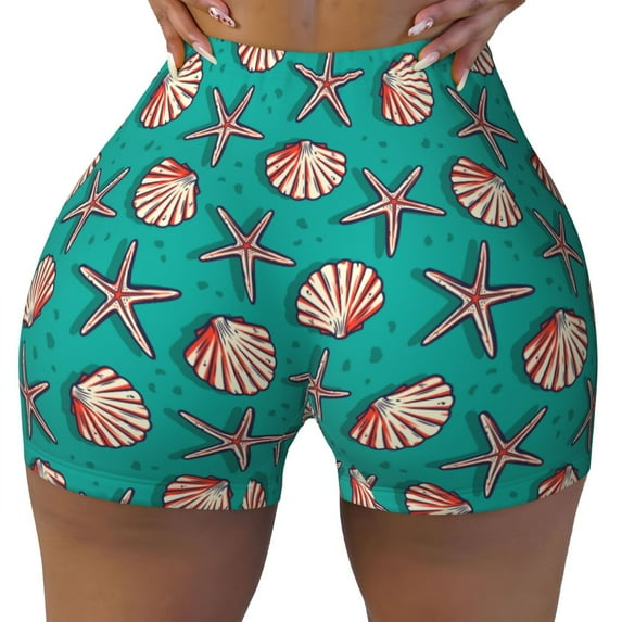 KLL Starfish and Shell Pattern Workout Shorts for Women Scrunch Short Gym Yoga Running Sport Active Exercise Fitness Shorts
