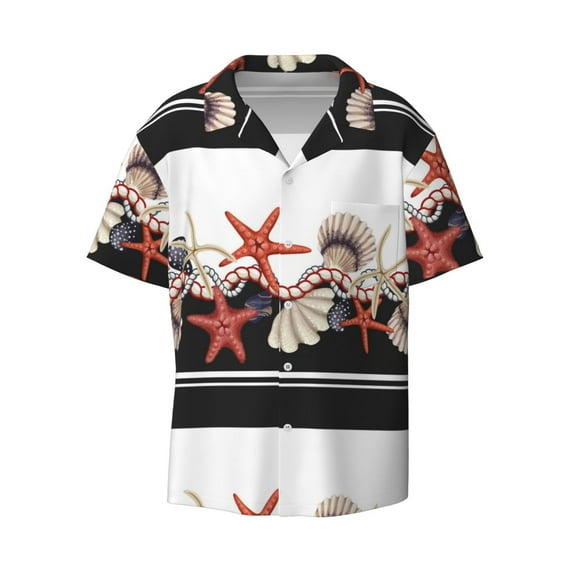 KLL Starfishes Shells Print Men's Shirt Short Sleeve Button Down Summer Cuba Beach Shirts- 3X-Large