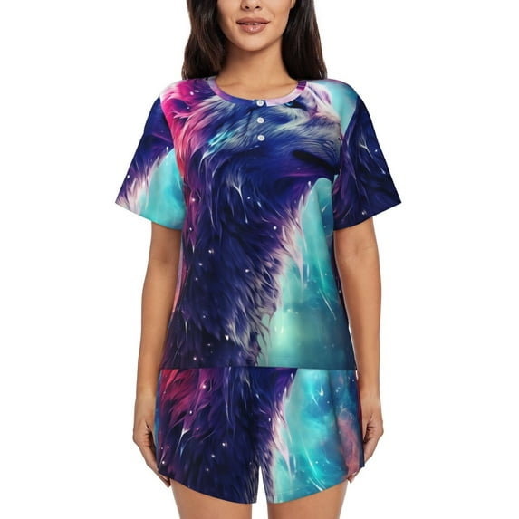 KLL Starry Multicolored Wolf Print Pajama Set for Women Short Sleeve Sleepwear Pjs Soft 2 Piece Lounge Sleepwear Sets-Large