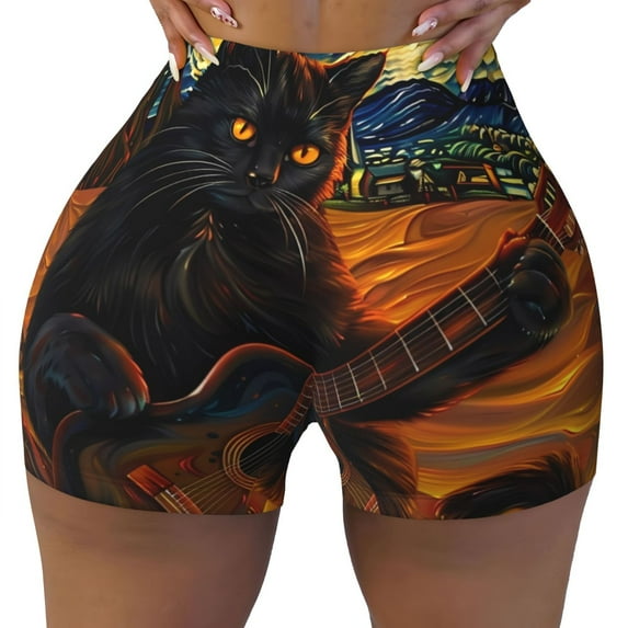 KLL Starry Night Cat Guitarist A Pattern Workout Shorts for Women Scrunch Short Gym Yoga Running Sport Active Exercise Fitness Shorts