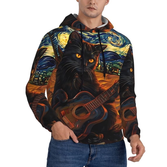 KLL Starry Night Cat Guitarist A Print Mens Hoodie Long Sleeve Casual Pullover Hooded Sweatshirt Fashion Drawstring Hoodies with Pocket-XX-Large