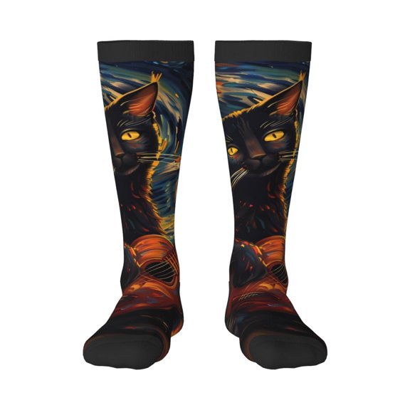 KLL Starry Night Cat Guitarist Print Cool Socks Men's Women's Crew Socks Funny Crazy Novelty Stockings