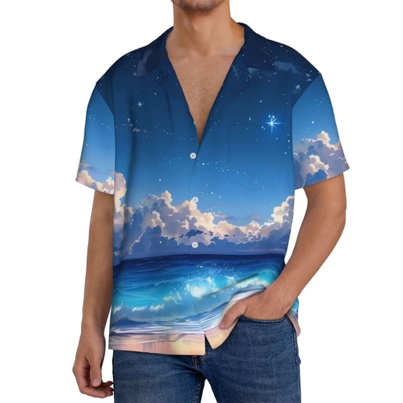 KLL Starry Night Ocean View Print Men's Shirt Short Sleeve Button Down Summer Cuba Beach Shirts- Medium