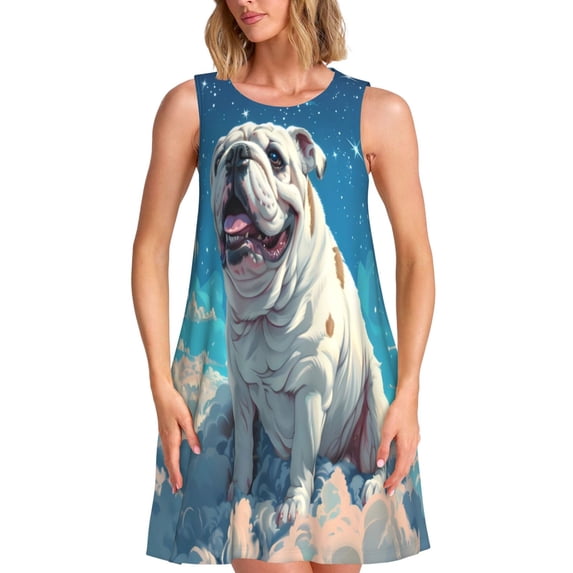 KLL Starry Sky Cloud Bulldog Pattern Womens Summer Dresses 2025,Loose Round Neck Sleeveless Sundresses Tank Dresses with Pockets