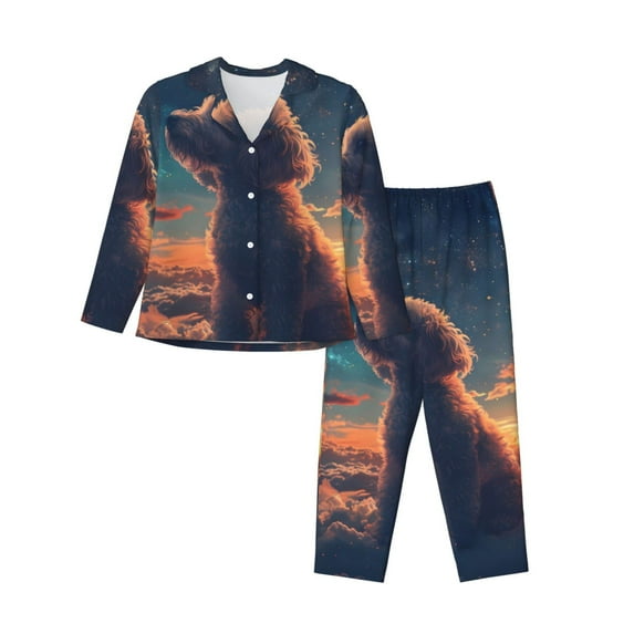 KLL Starry Sky Cloud Puppy Print Women's Long Sleeve Pajamas with Pants Sleepwear Loungewear 2 Set-XX-Large