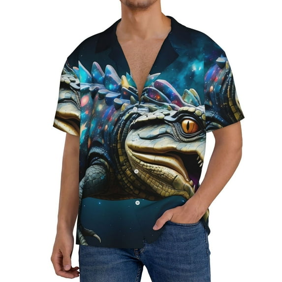 KLL Starry Sky Colorful Crocodile Print Men's Shirt Short Sleeve Button Down Summer Cuba Beach Shirts- 3X-Large