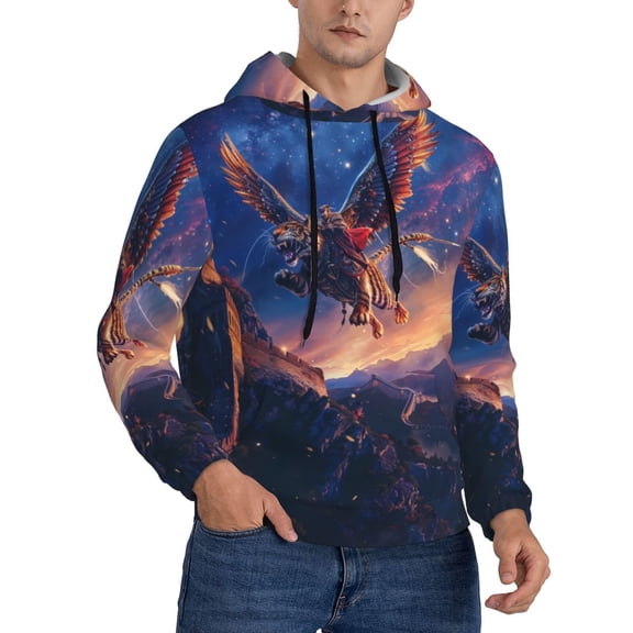 KLL Starry Sky Flying Tiger Print Mens Hoodie Long Sleeve Casual Pullover Hooded Sweatshirt Fashion Drawstring Hoodies with Pocket-X-Large