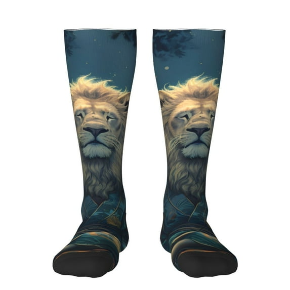 KLL Starry Sky Meditating Lion Print Cool Socks Men's Women's Crew Socks Funny Crazy Novelty Stockings